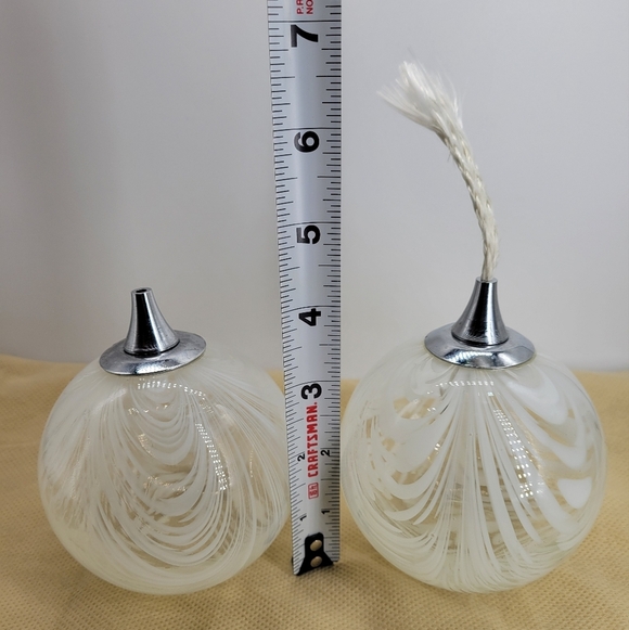 Hand-Blown Swirled White Glass Oil Lamps with Vintage Metal Wick Holders Set TWO - Picture 11 of 13